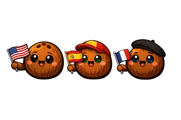 Coconut mascots holding language flags